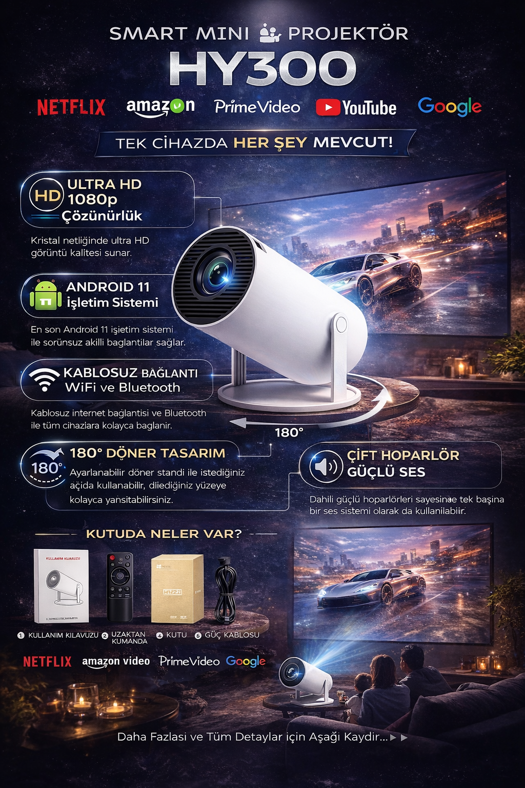 HY300 Smart Mini Projektör